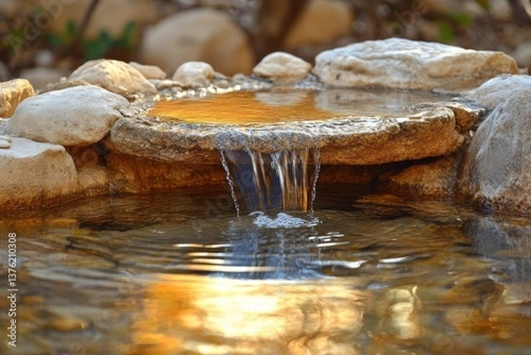 Fototapeta Serene water feature with a gentle cascade flowing into a tranquil pool, nestled amongst rocks.