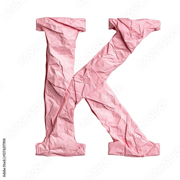 Fototapeta Top view of a 3D letter K made of premium pink origami paper isolated on a white transparent background