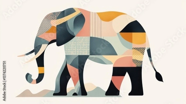 Fototapeta Minimalist animal poster featuring a stylized elephant design with bold geometric patterns and clean lines in soft pastel color tones. This digital creates a modern abstract illustration