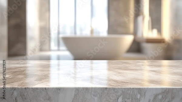 Fototapeta 3D rendering of an empty marble top table with a blurred bathroom interior background for product display montage illustration