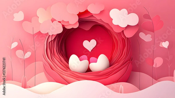 Fototapeta Lovebirds’ Nest A nest with two small eggs shaped like hearts, cute cartoon paper cut, pink background