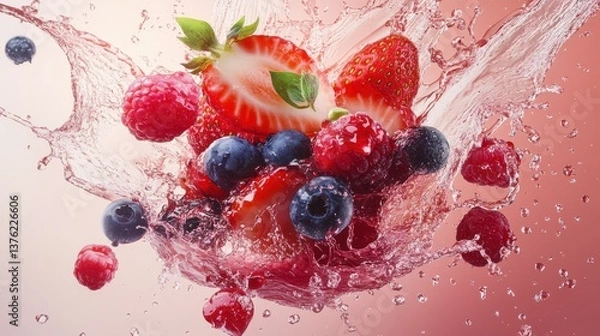 Fototapeta A symphony of vibrant colors, a burst of juicy freshness, and a symphony of sweet flavors create a tantalizing visual feast as a splash of liquid envelopes a cluster of berries and fruits. illustrati