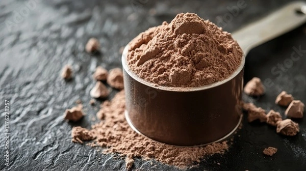 Obraz Scoop of Chocolate Protein Powder on a Black Surface
