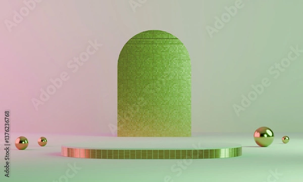 Obraz Bright gold arch stands against a pastel backdrop with reflective spheres on an elevated podium. 3d render