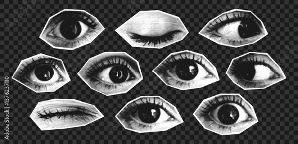 Fototapeta Collage eyes set with halftone effect. Closed and open eyes with different looks. Cutout halftone collage elements for banner, poster and social media. Transparent background. Vector.