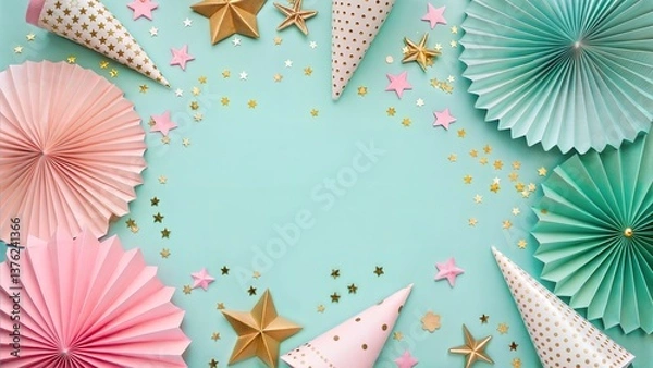 Fototapeta Colorful kids party invitation with balloons and confetti on a white background