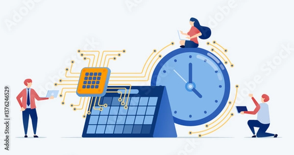 Obraz Vector illustration of people use chips to help process schedules and events with the help of chips and AI technology illustrated with chip cables wrapped around calendars and round clocks