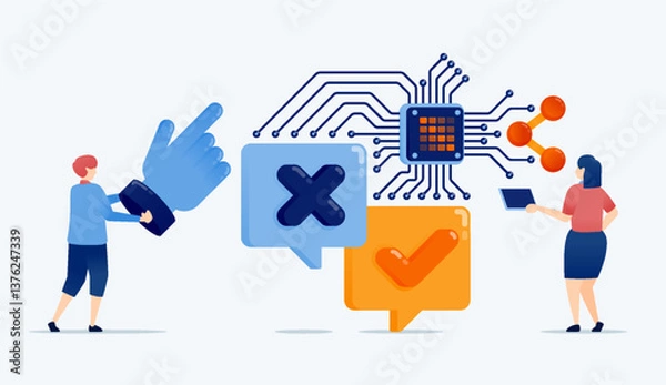 Fototapeta illustration of chip with a learning engine helps people choose yes or no in voting comments and feedback reviews improving decision making with AI powered cloud data processing