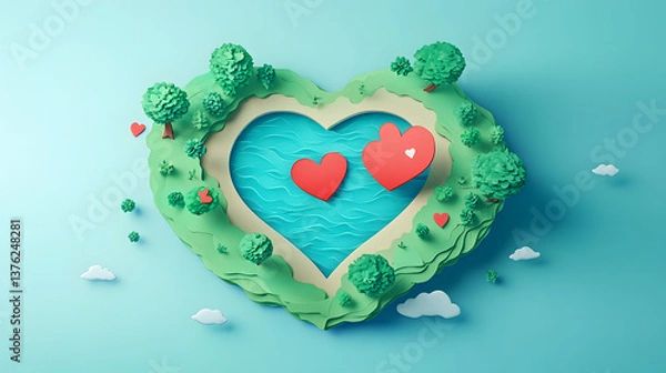 Fototapeta 
Heart-shaped Island An aerial view of a tiny island shaped like a heart, valentine day, cute cartoon paper cut, 4K
