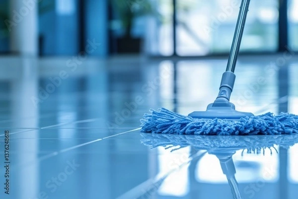 Fototapeta a close-up shot of a blue mop cleaning a glossy floor, highlighting reflections and cleanliness