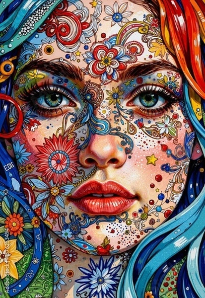 Obraz A vibrant and intricate art piece featuring a womans face adorned with colorful flowers, freckles, and detailed patterns, set against a background of blue and green hues
