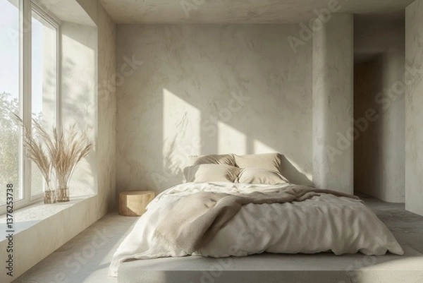 Fototapeta Cozy Minimalist Bedroom With Natural Light and Simple Decor in a Modern Home