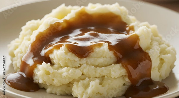 Fototapeta Creamy mashed potatoes generously drizzled with savory brown gravy allure