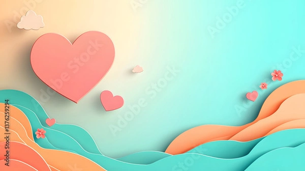 Fototapeta Heart-shaped Cloud A heart-shaped cloud floating in a clear blue sky, cute cartoon paper cut.