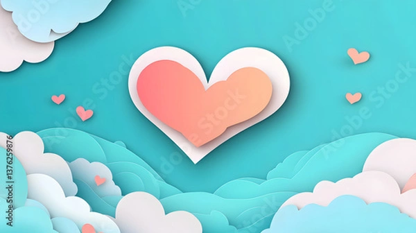 Fototapeta Heart-shaped Cloud A heart-shaped cloud floating in a clear blue sky, cute cartoon paper cut.