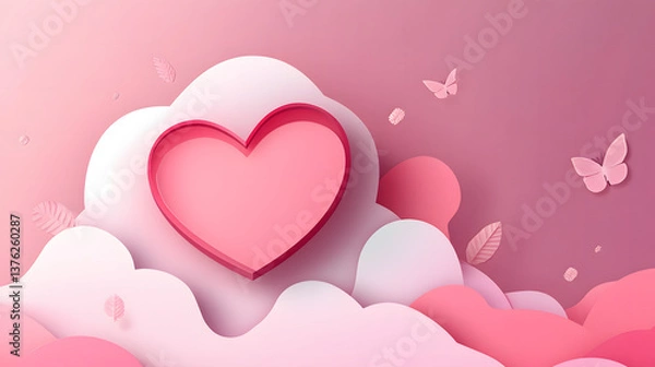 Fototapeta Valentine's background, Heart-shaped Cloud A heart-shaped cloud floating in a clear blue sky, cute cartoon paper cut, pink background