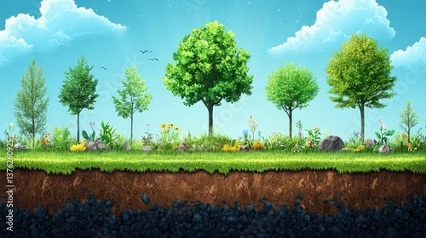 Fototapeta Vibrant illustration of diverse trees and flowers in a serene landscape with blue sky