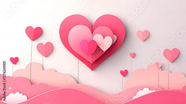 Fototapeta Valentine's background, Heart-shaped Cloud A heart-shaped cloud floating in a clear blue sky, cute cartoon paper cut, pink background
