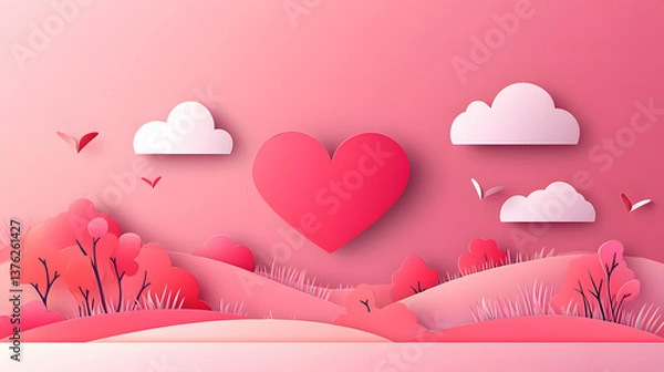 Fototapeta Valentine's background, Heart-shaped Cloud A heart-shaped cloud floating in a clear blue sky, cute cartoon paper cut, pink background