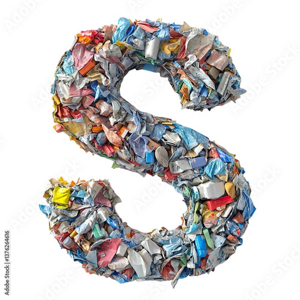 Fototapeta Top view of a 3D letter S made of garbage isolated on a white transparent background