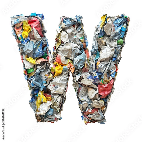 Fototapeta Top view of a 3D letter W made of garbage isolated on a white transparent background