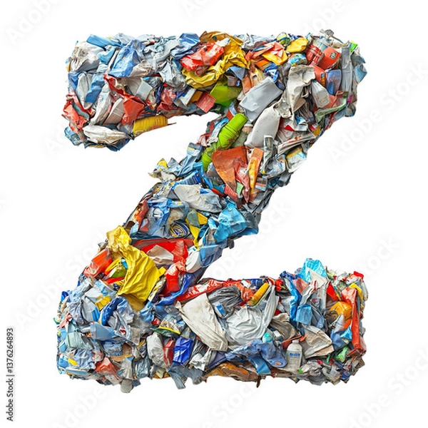 Fototapeta Top view of a 3D letter Z made of garbage isolated on a white transparent background