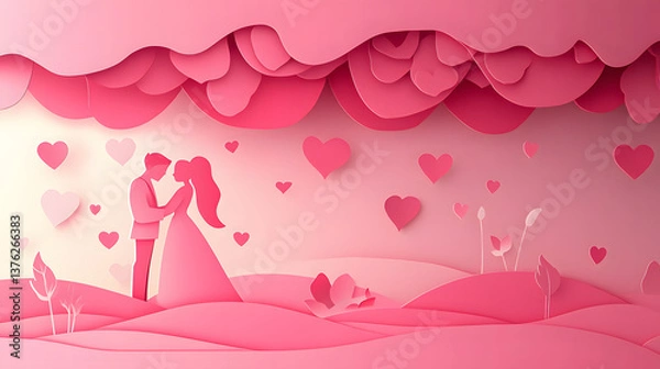 Fototapeta Valentine's background, Flower Petal Rain A scene with flower petals falling like rain around a couple, pink background, paper cut