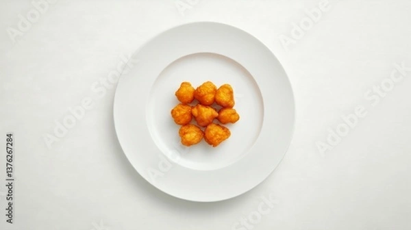 Fototapeta Culinary minimalism featuring golden fried morsels on a stark white plate