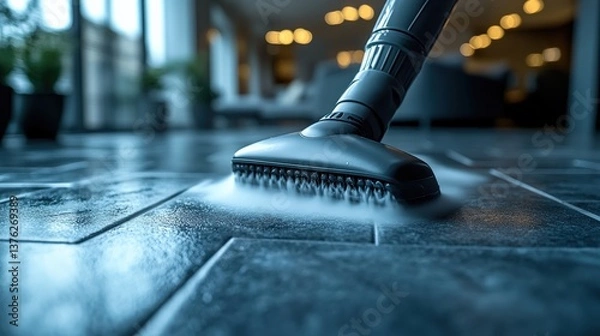 Fototapeta Vacuuming a modern living room floor with sleek tiles and soft lighting, creating a clean atmosphere