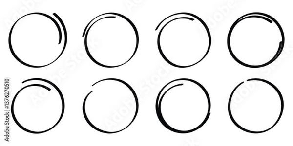 Fototapeta Hand drawn circles set. Circles of different widths. Highlight circle frames. Ellipses in doodle style. Pen draw marker pen on white background