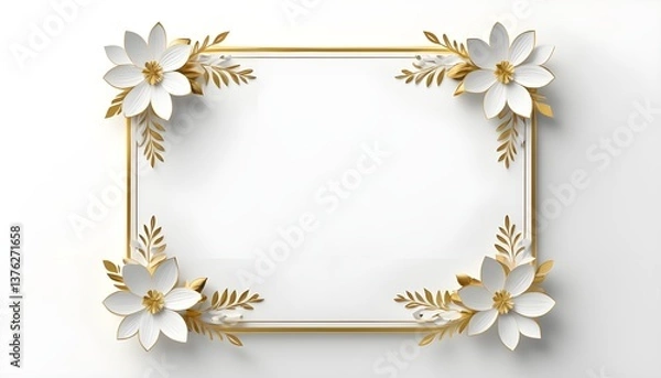Fototapeta White And Gold Small Floral Card Frame With White Background, An Opulent Card Frame With Royal Golden Floral Décor, A Vintage-inspired Floral Card Frame With Gold, A Sophisticated Art Deco-style Flora