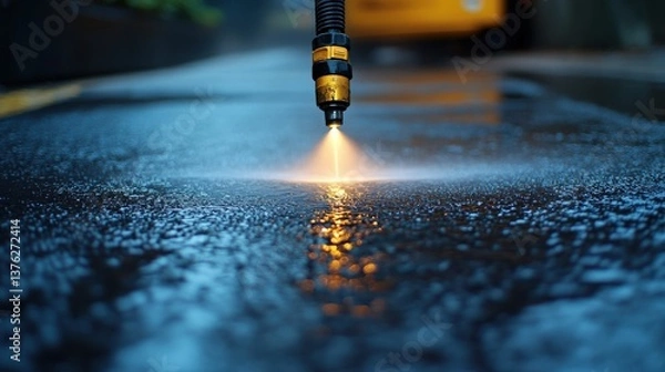 Fototapeta High-pressure water spray from a nozzle creating mist on a wet surface in an urban setting