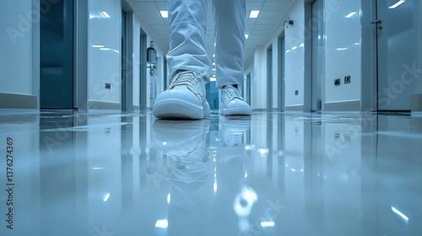 Fototapeta Person walking in a clean, modern corridor with reflective floor and bright lighting
