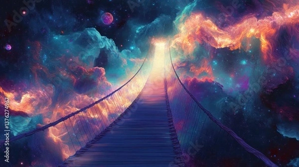 Fototapeta A suspension bridge leads into a glowing celestial dreamscape
