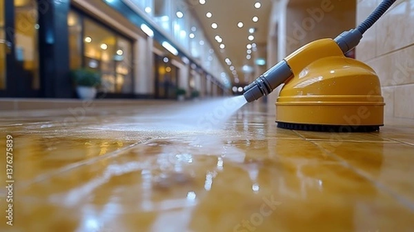 Fototapeta High-pressure cleaning machine sanitizing a shiny floor in a modern shopping mall corridor