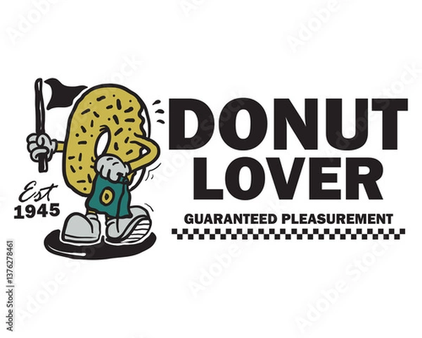 Fototapeta Groovy funky vector of donut mascot illustration cartoon style, retro and trendy graphic design for fashion wear, street wear, clothing line, apparel and urban style t shirt design, hoodies, etc.