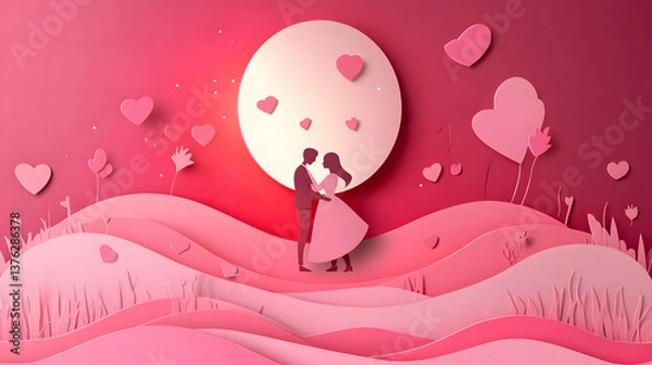 Fototapeta valentine's background, Couple Dancing A romantic dance scene with a glowing moon in the background, cute cartoon paper cut, pink background