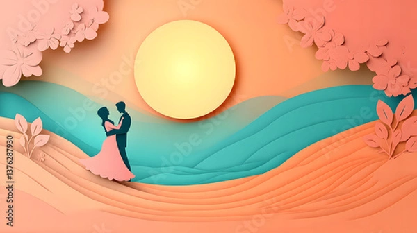 Fototapeta Couple Dancing A romantic dance scene with a glowing moon in the background, cute cartoon paper cut