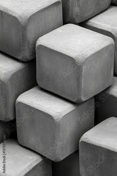 Obraz Close-up of stacked gray concrete blocks displaying a textured surface, This image can be used in construction, architecture, or design themes to illustrate materials, strength