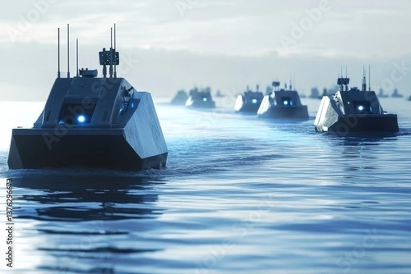 Fototapeta Advanced robotic boats navigate calm waters during a serene sunset in a modern setting