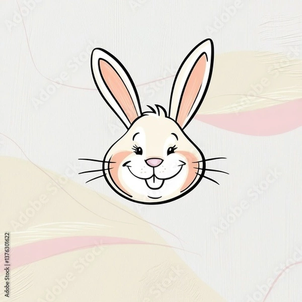 Fototapeta A whimsical hand-drawn clip artwork of an smiling face of an rabbit with eggs on a crisp white background, created in a vector style with bold lines, soft curves, and delicate pastel creamy textures.