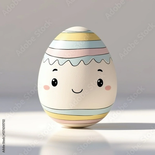 Fototapeta A whimsical hand-drawn clip artwork of an smiling face of a painted Easter egg on a crisp white background, created in a vector style with bold lines, soft curves, and delicate pastel creamy textures.