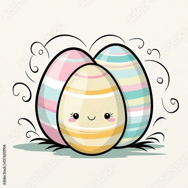 Obraz A whimsical hand-drawn clip artwork of an smiling face of a painted Easter egg on a crisp white background, created in a vector style with bold lines, soft curves, and delicate pastel creamy textures.