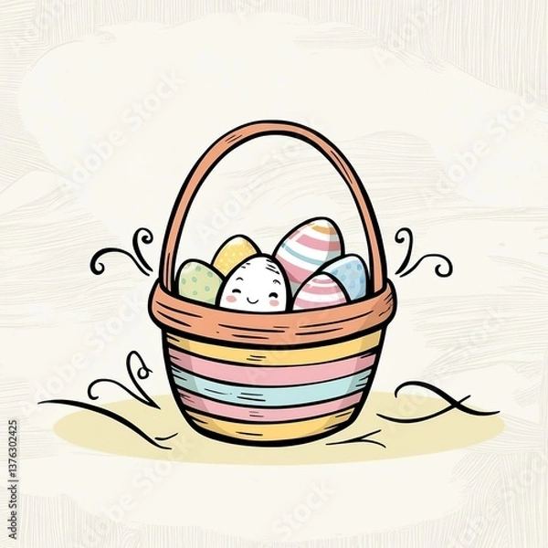 Fototapeta A whimsical hand-drawn clip artwork of an smiling face of a basket with eggs on a crisp white background, created in a vector style with bold lines, soft curves, and delicate pastel creamy textures.