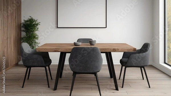 Fototapeta Minimalist dining area with modern wooden table and chairs