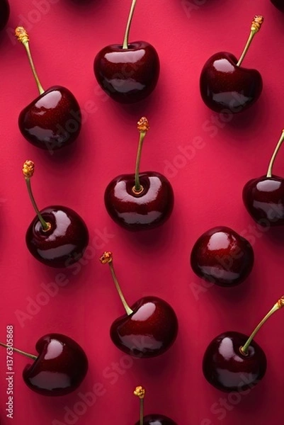 Obraz Lush cherries arranged on vibrant red backdrop, highlighting viv