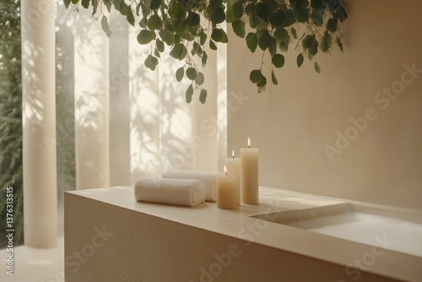 Obraz Serene Minimalist Spa Retreat: A Tranquil Scene of Soft Light, Rolled Towels, Burning Candles, and Lush Foliage by a Modern Bathtub