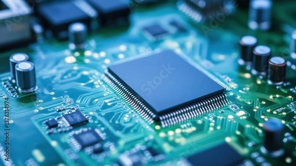Obraz A close-up view of a circuit board featuring a microchip surrounded by various electronic components.