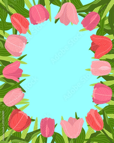 Obraz Illustration of a floral background featuring various tulips flowers, with a copy space. Ideal for banners, covers, greeting cards, invitations, posters, and other design templates. Hand-drawn vector