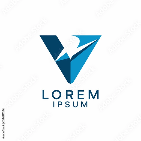 Fototapeta Abstract Letter V Logo Design with Geometric Shapes and Modern Style in Blue Tones for Company Branding